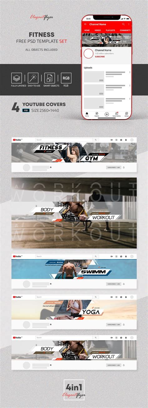 Fitness - Free YouTube Channel Banner PSD Template Set - 10033404 | by ElegantFlyer