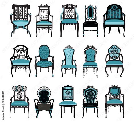 Vintage Chair furniture set collection Vector. Rich carved ornaments ...