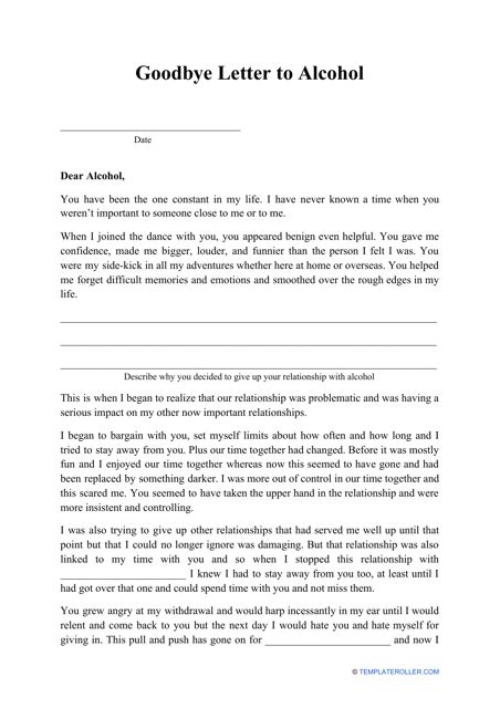 Goodbye Letter to Alcohol Template Download Printable PDF | Templateroller