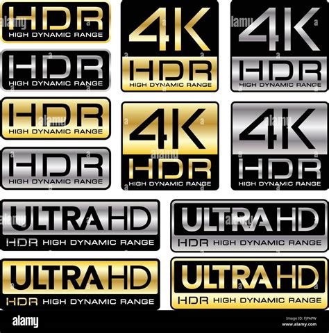 Vector illustration 4K and Ultra HD logos with HDR "High Dynamic Range ...