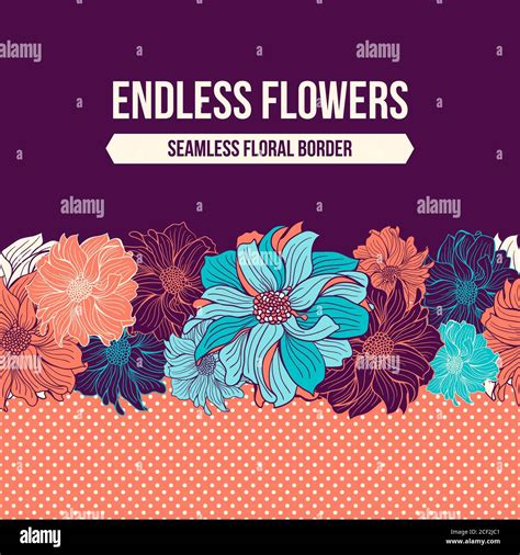 Hand-drawn flowers of dahlia. Seamless vector border. Mint, turquoise, aqua and coral colors ...