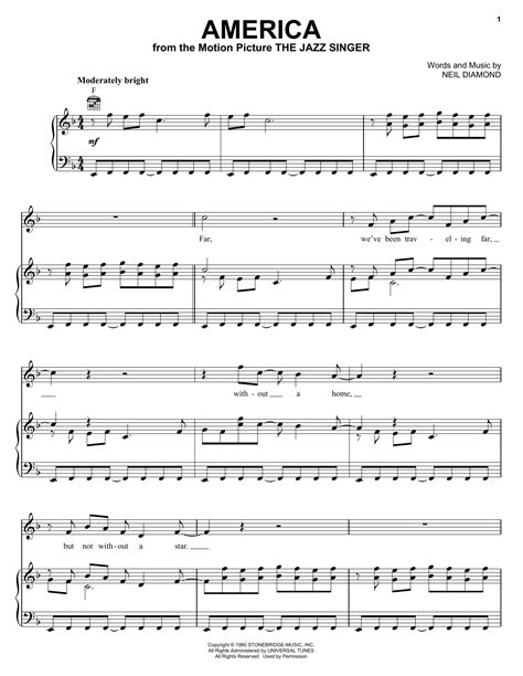 America by Neil Diamond Sheet Music for Piano, Vocal & Guitar Chords (Right-Hand Melody) at ...