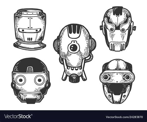 Cyborg robot heads set sketch engraving Royalty Free Vector