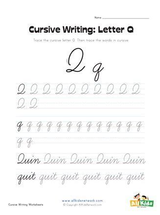 the cursive writing letter q worksheet is shown in black and white