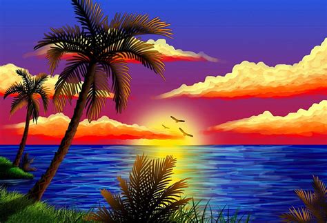 Nature Painting - Sunset Waterfall Scenery Drawing - HD wallpaper | Pxfuel