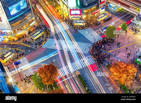 Aerial view of Shibuya District and Shibuya Crossing, Tokyo. The scramble crosswalk is one of ...