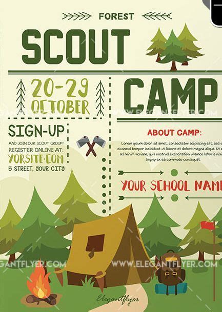 an outdoor camp poster is shown with the words scouts scout and tent in front of it