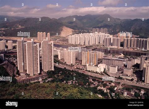 Horizontal, late afternoon view of Shatin New Town, New Territories ...