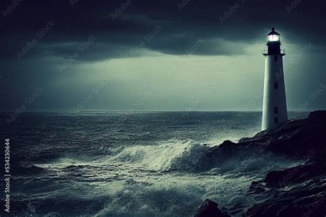 White Lighthouse in the middle of the ocean, big waves and storm around ...