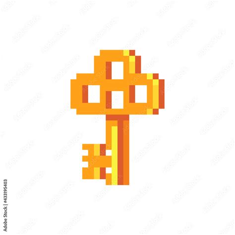 Golden vintage key pixel art icon isolated vector illustration on white background. Decorative ...