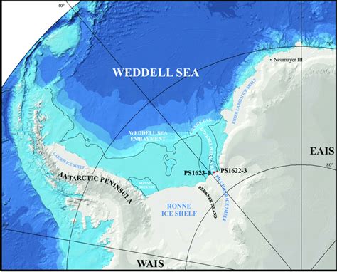 Map of the Weddell Sea with core locations of the GGC's PS1622-3 and... | Download Scientific ...