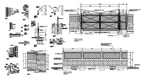 Perimeter fence with wall all sided section, plan and construction details that includes a ...