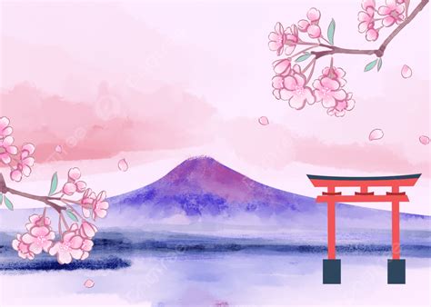 Japans Mount Fuji Cherry Blossom Pink Watercolor Torii Background, Japan, Mount Fuji, Cherry ...