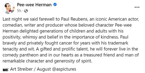 Two-Time Emmy Award Winning Actor Paul Reubens, Best Known For Roles Of Pee-Wee Herman & The ...