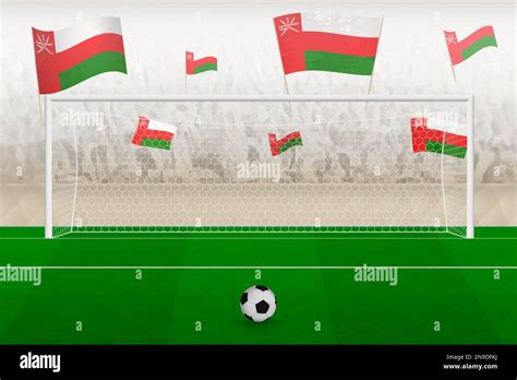 Oman football team fans with flags of Oman cheering on stadium, penalty ...