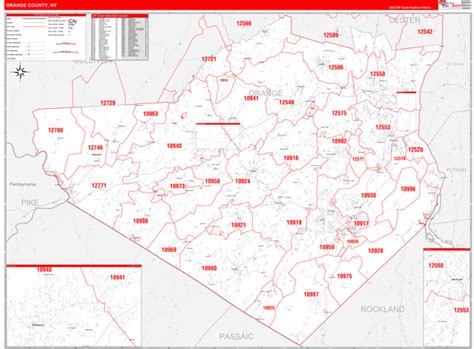 Orange County, NY Zip Code Wall Map Red Line Style by MarketMAPS - MapSales