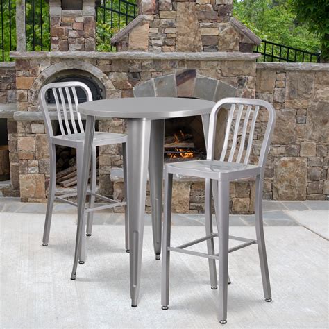 Lancaster Home 30'' Round Metal Indoor-Outdoor Bar Table Set with 2 Vertical Slat Back Stools ...