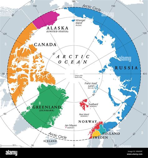 Countries within the Arctic Circle, political map. Countries within about 66 degrees north the ...