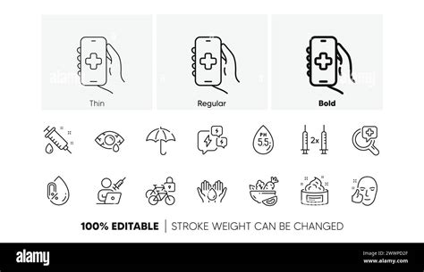 Ph neutral, Conjunctivitis eye and Medical syringe line icons. For web app, printing. Line icons ...