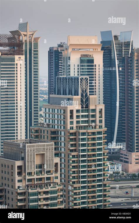 UAE, Dubai, Dubai Marina, elevated view of the marina, dusk Stock Photo ...