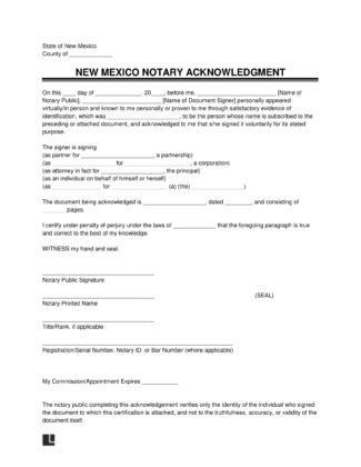 Free New Mexico Notary Acknowledgment Form | PDF & Word