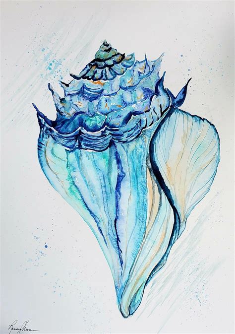 Large Blue Conch Shell Watercolor Painting in 2023 | Starfish art ...