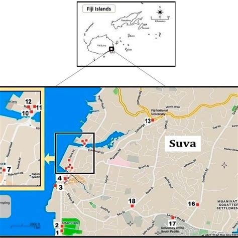 Map of Suva City with the numbered label of sampling sites (Courtesy of... | Download Scientific ...