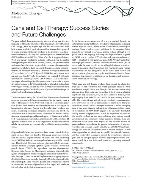 (PDF) Gene and Cell Therapy: Success Stories and Future Challenges