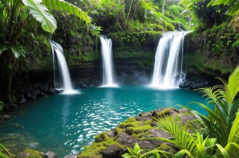 Premium AI Image | a waterfall in the middle of a lush green forest