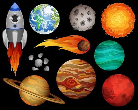 Outer Space Clip Art Set of 10 X-large 300 DPI Vector, PNG, and JPG Files Hand Drawn Planets and ...