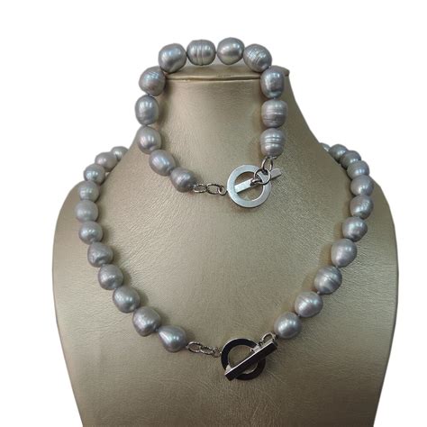 100% NATURE FRESHWATER PEARL SET NECKLACE AND BRACELET BIG RICE SHAPE.IN gray COLOR-in Choker ...