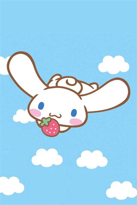 a cartoon bunny flying through the air with a strawberry in its mouth and clouds behind it