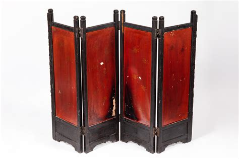 Antique Japanese Hand Carved, Black Lacquer Table Top 4-Panel Folding Screen For Sale at 1stDibs