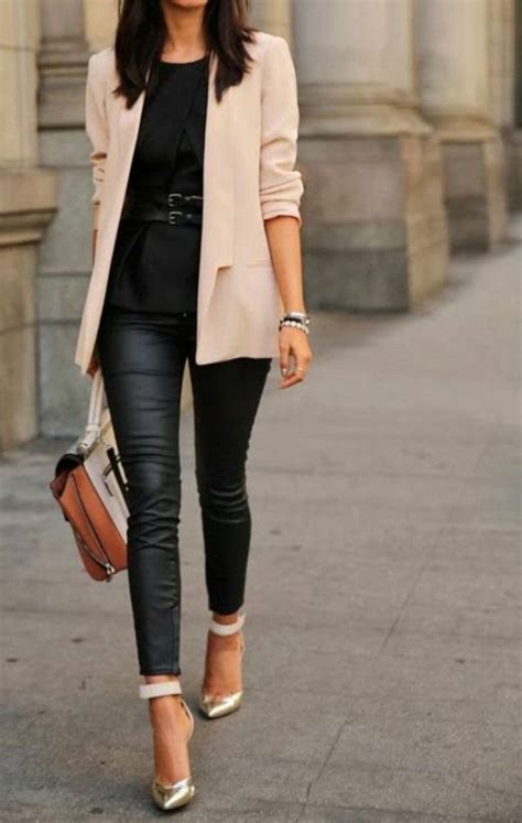 Beige jacket over all black casual top and pants. | Stylish work outfits, Casual work outfit ...