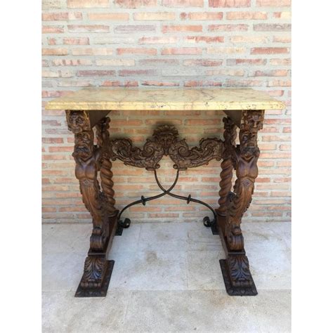 19th-Century Renaissance Carved Console Table with Beige Marble Top | Chairish