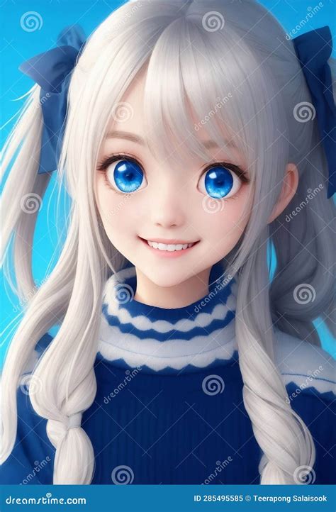 Cute Girl with Long Hair and Big Blue Eyes, Generative AI Illustration Stock Illustration ...