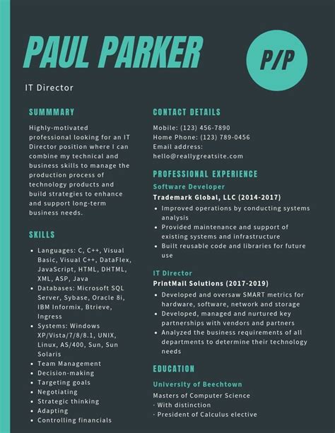 a green and black professional resume template for an it director or project manager, with blue ...