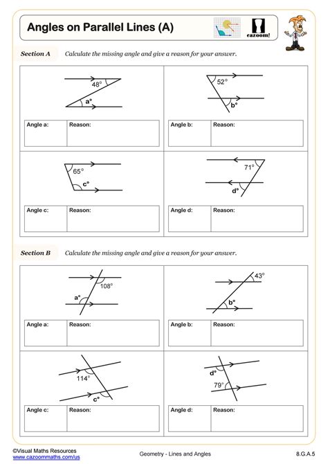 Calculating Angles on Parallel Lines with Transversals (A) Worksheet ...