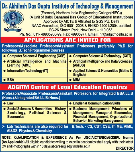 Professors/Associate Professors/Assistant Professors job vacancy at Dr. Akhilesh Das Gupta ...