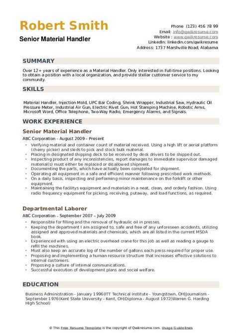 Material Handler Resume Samples | QwikResume