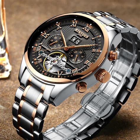 KINYUED Mens Mechanical Watches Skeleton Automatic Stainless Steel Waterproof Business Watch Men ...