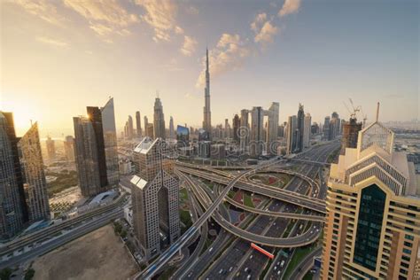 Aerial View of Dubai Downtown Skyline, Highway Roads or Street in United Arab Emirates or UAE ...