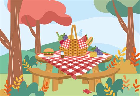 Picnic basket with tablecloth and food on table in park 671837 Vector Art at Vecteezy