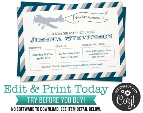 Vintage Airplane Baby Shower Invitations Editable Digital - Etsy