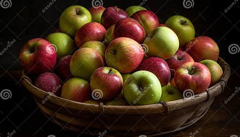 Abundant Harvest of Juicy, Ripe Apples in a Wooden Basket Generated by AI Stock Illustration ...