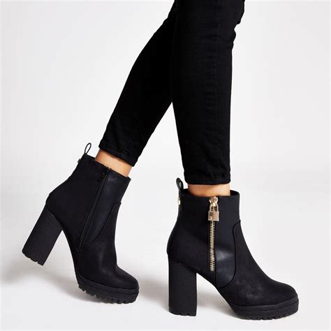 River Island Black Faux Leather Chunky Heel Ankle Boots - Lyst