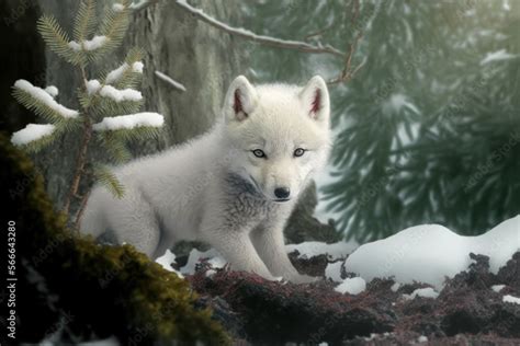 Portrait of a white baby wolf. Arctic wolf cub on snowy forest ...