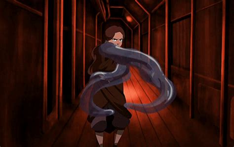 a woman walking down a dark hallway with a blue snake around her neck and an orange light behind her