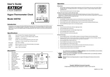 Extech Instruments 445702 Hygro-Thermometer Clock User's Guide | Manualzz