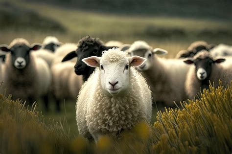 Premium Photo | Photo of a lamb grazing in the grass with a flock of ...